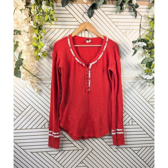 Free People Tops - FREE PEOPLE Women's Coral Rainbow Thermal henley  Long Sleeve Top size small